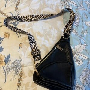 Leopard Strap Black Sling Bag